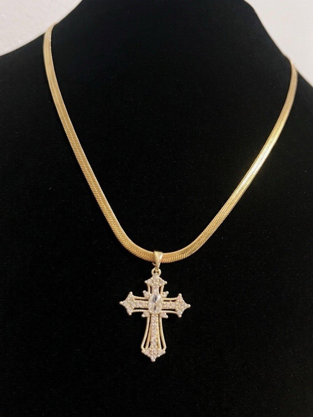 18K Gold Plated Stainless Steel Cross Necklace Herringbone Chain 16"+2" - Picture 2 of 7